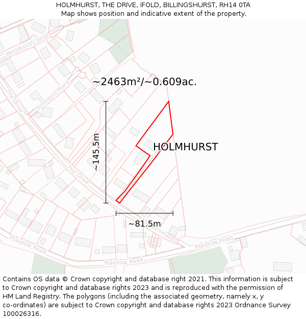 HOLMHURST, THE DRIVE, IFOLD, BILLINGSHURST, RH14 0TA: Plot and title map