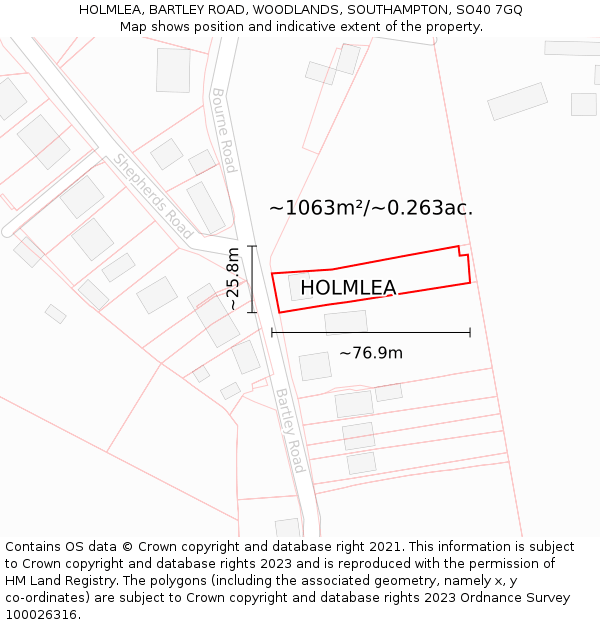 HOLMLEA, BARTLEY ROAD, WOODLANDS, SOUTHAMPTON, SO40 7GQ: Plot and title map