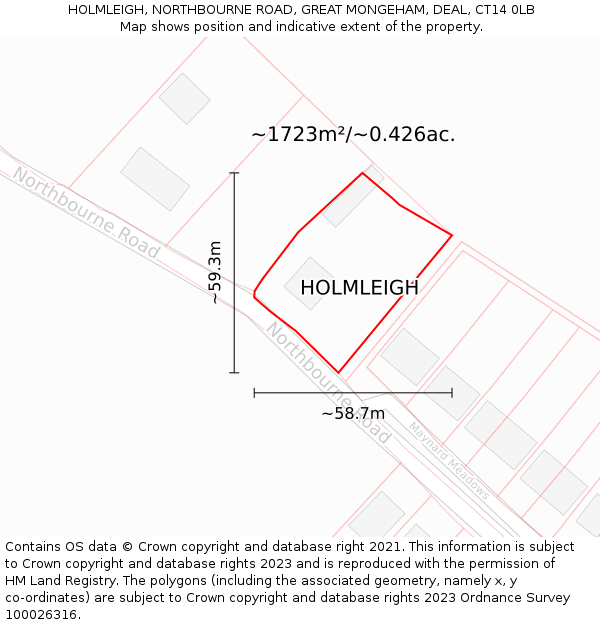 HOLMLEIGH, NORTHBOURNE ROAD, GREAT MONGEHAM, DEAL, CT14 0LB: Plot and title map