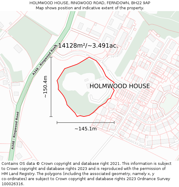 HOLMWOOD HOUSE, RINGWOOD ROAD, FERNDOWN, BH22 9AP: Plot and title map