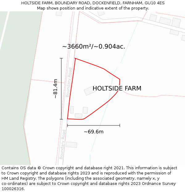 HOLTSIDE FARM, BOUNDARY ROAD, DOCKENFIELD, FARNHAM, GU10 4ES: Plot and title map