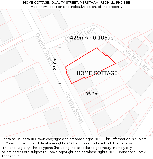 HOME COTTAGE, QUALITY STREET, MERSTHAM, REDHILL, RH1 3BB: Plot and title map