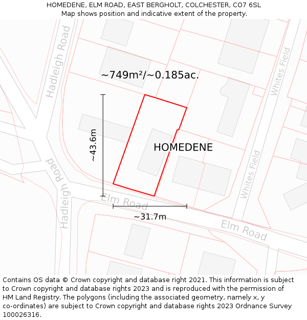 HOMEDENE, ELM ROAD, EAST BERGHOLT, COLCHESTER, CO7 6SL: Plot and title map