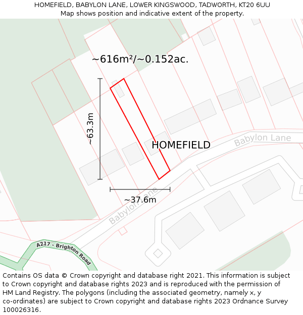 HOMEFIELD, BABYLON LANE, LOWER KINGSWOOD, TADWORTH, KT20 6UU: Plot and title map