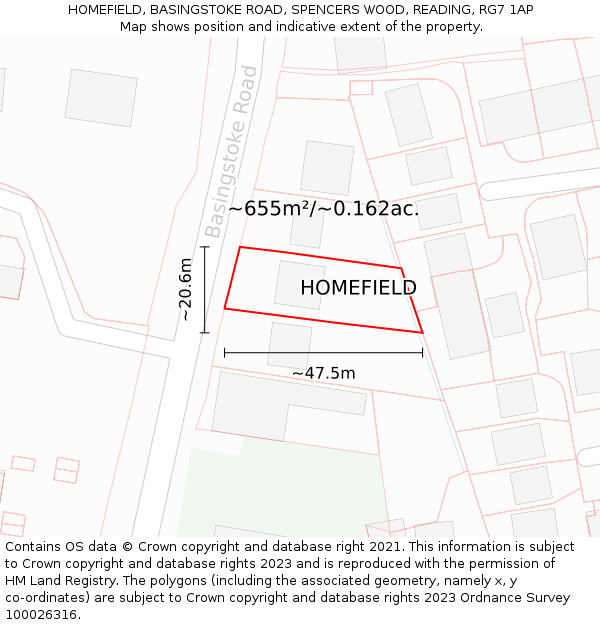 HOMEFIELD, BASINGSTOKE ROAD, SPENCERS WOOD, READING, RG7 1AP: Plot and title map