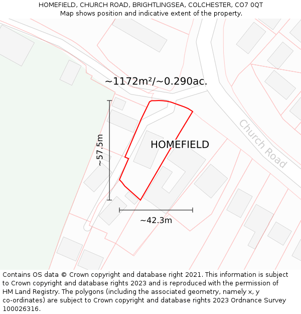 HOMEFIELD, CHURCH ROAD, BRIGHTLINGSEA, COLCHESTER, CO7 0QT: Plot and title map