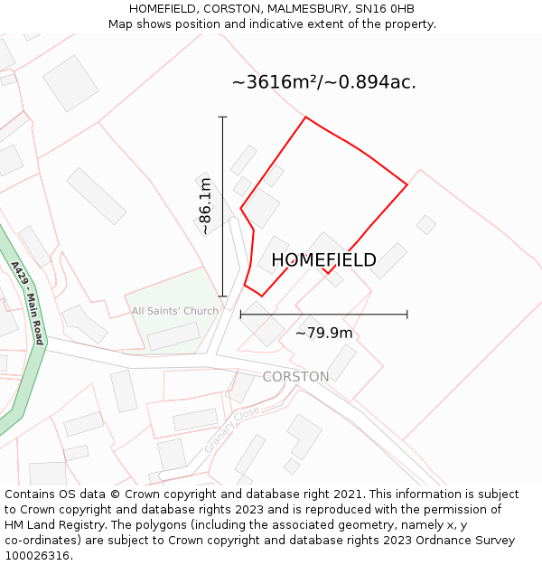 HOMEFIELD, CORSTON, MALMESBURY, SN16 0HB: Plot and title map