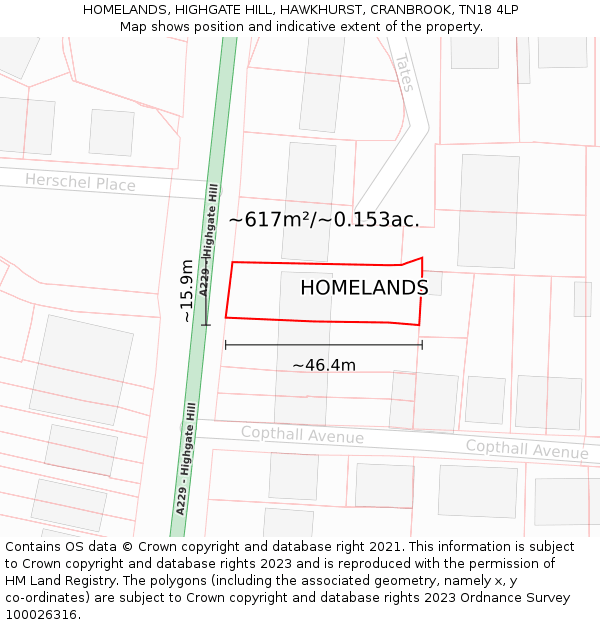 HOMELANDS, HIGHGATE HILL, HAWKHURST, CRANBROOK, TN18 4LP: Plot and title map