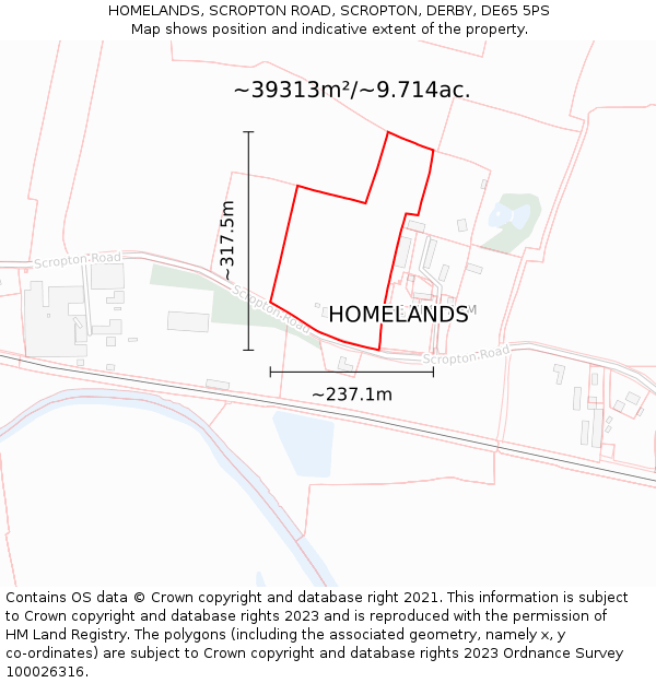 HOMELANDS, SCROPTON ROAD, SCROPTON, DERBY, DE65 5PS: Plot and title map