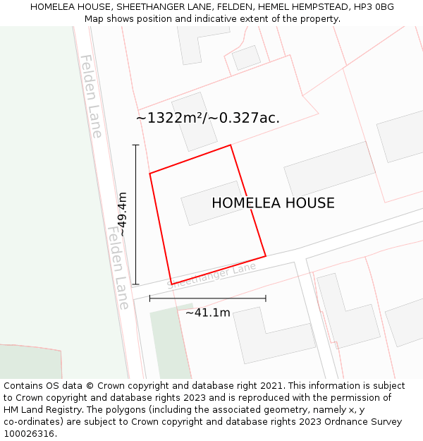 HOMELEA HOUSE, SHEETHANGER LANE, FELDEN, HEMEL HEMPSTEAD, HP3 0BG: Plot and title map