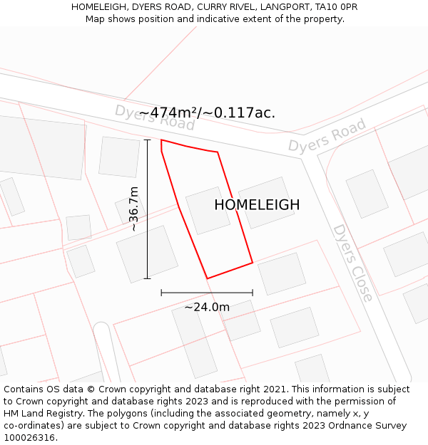 HOMELEIGH, DYERS ROAD, CURRY RIVEL, LANGPORT, TA10 0PR: Plot and title map