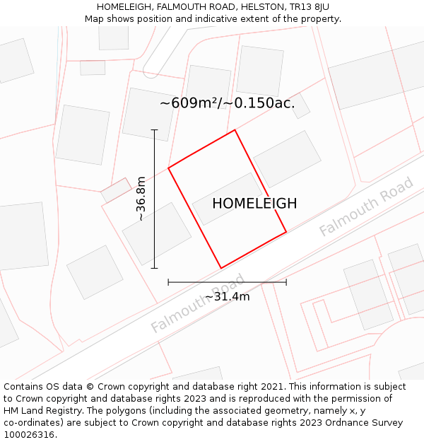 HOMELEIGH, FALMOUTH ROAD, HELSTON, TR13 8JU: Plot and title map