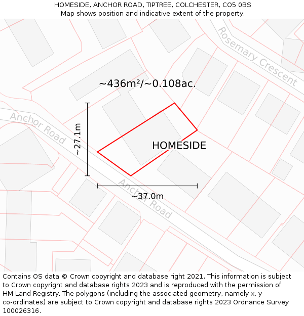 HOMESIDE, ANCHOR ROAD, TIPTREE, COLCHESTER, CO5 0BS: Plot and title map