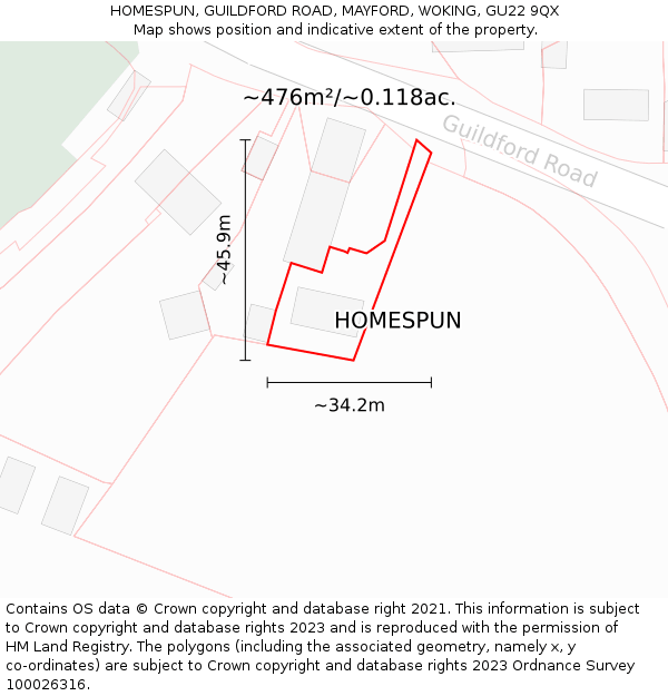 HOMESPUN, GUILDFORD ROAD, MAYFORD, WOKING, GU22 9QX: Plot and title map