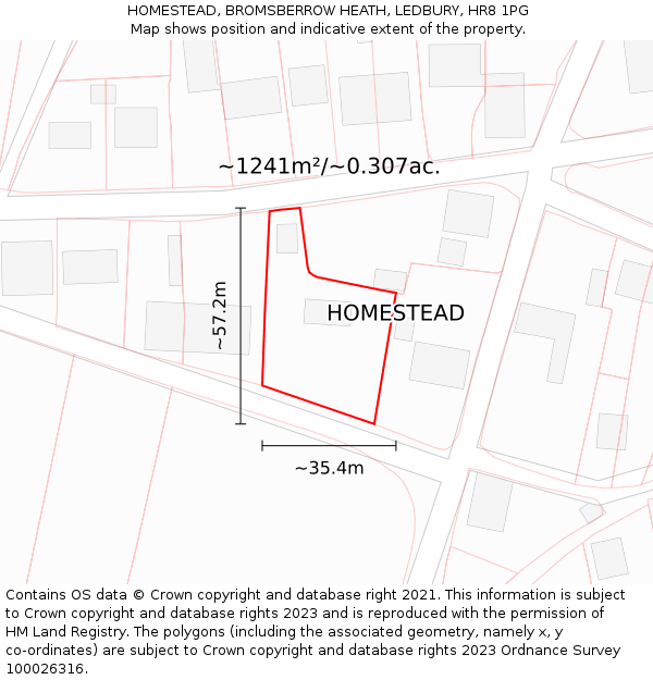 HOMESTEAD, BROMSBERROW HEATH, LEDBURY, HR8 1PG: Plot and title map