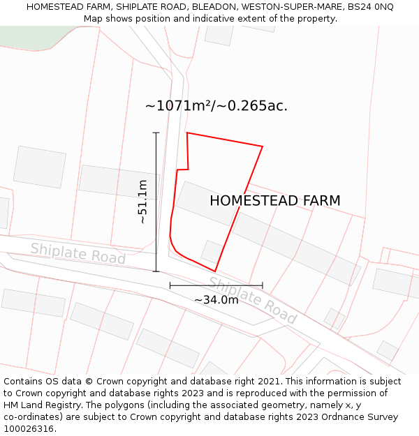 HOMESTEAD FARM, SHIPLATE ROAD, BLEADON, WESTON-SUPER-MARE, BS24 0NQ: Plot and title map