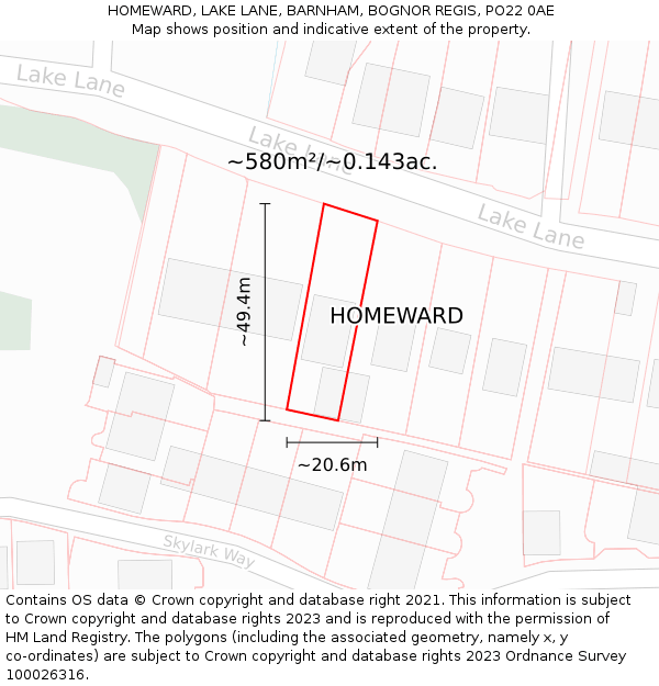 HOMEWARD, LAKE LANE, BARNHAM, BOGNOR REGIS, PO22 0AE: Plot and title map