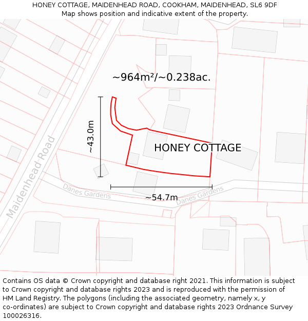 HONEY COTTAGE, MAIDENHEAD ROAD, COOKHAM, MAIDENHEAD, SL6 9DF: Plot and title map