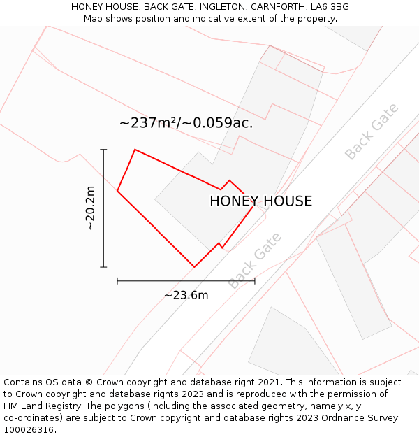 HONEY HOUSE, BACK GATE, INGLETON, CARNFORTH, LA6 3BG: Plot and title map
