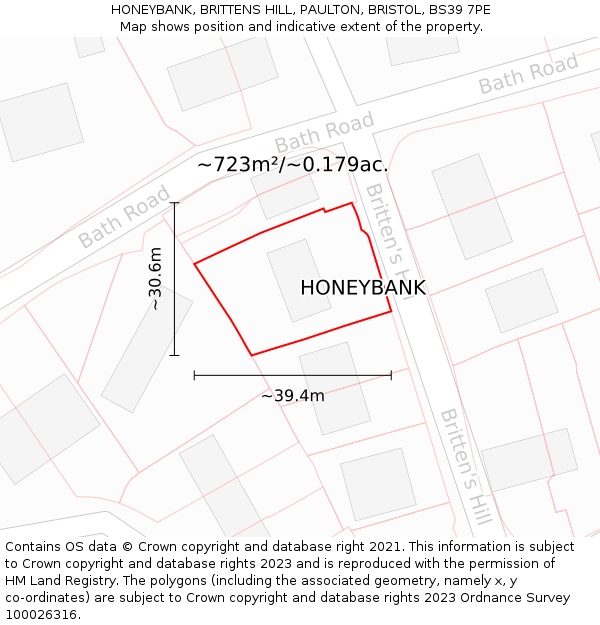 HONEYBANK, BRITTENS HILL, PAULTON, BRISTOL, BS39 7PE: Plot and title map