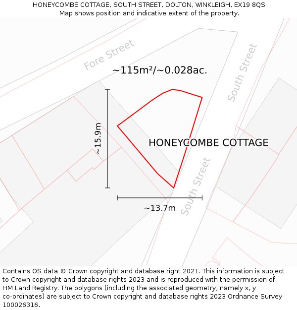 HONEYCOMBE COTTAGE, SOUTH STREET, DOLTON, WINKLEIGH, EX19 8QS: Plot and title map