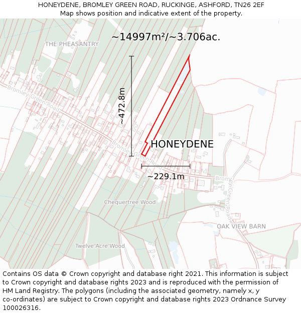 HONEYDENE, BROMLEY GREEN ROAD, RUCKINGE, ASHFORD, TN26 2EF: Plot and title map