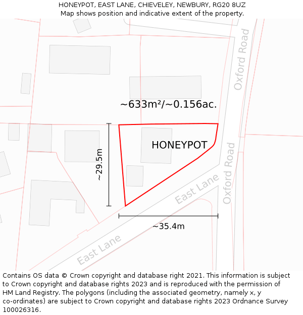 HONEYPOT, EAST LANE, CHIEVELEY, NEWBURY, RG20 8UZ: Plot and title map