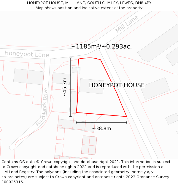 HONEYPOT HOUSE, MILL LANE, SOUTH CHAILEY, LEWES, BN8 4PY: Plot and title map