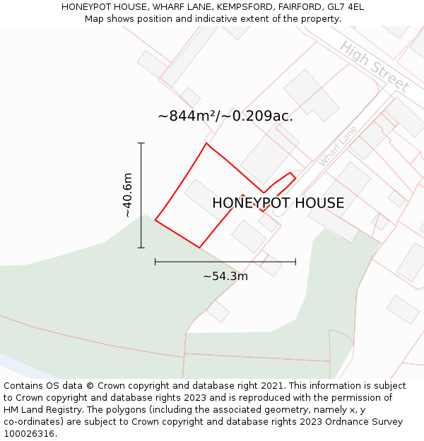 HONEYPOT HOUSE, WHARF LANE, KEMPSFORD, FAIRFORD, GL7 4EL: Plot and title map