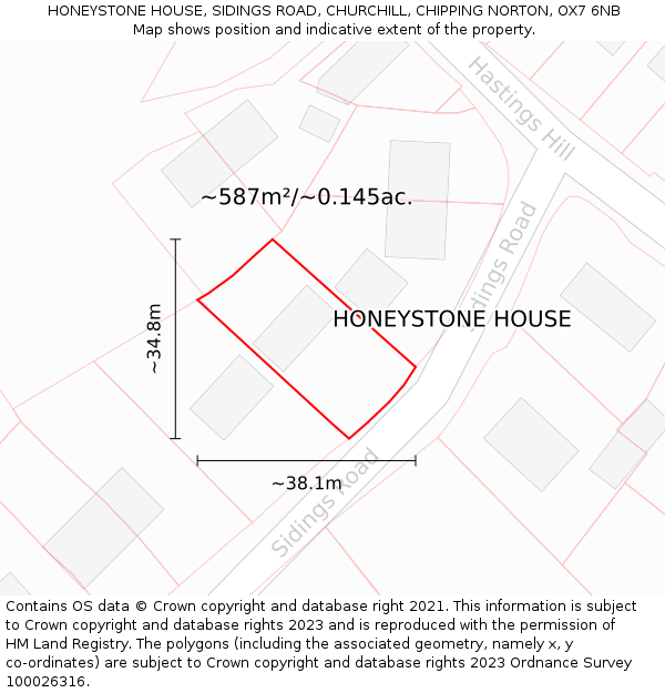 HONEYSTONE HOUSE, SIDINGS ROAD, CHURCHILL, CHIPPING NORTON, OX7 6NB: Plot and title map