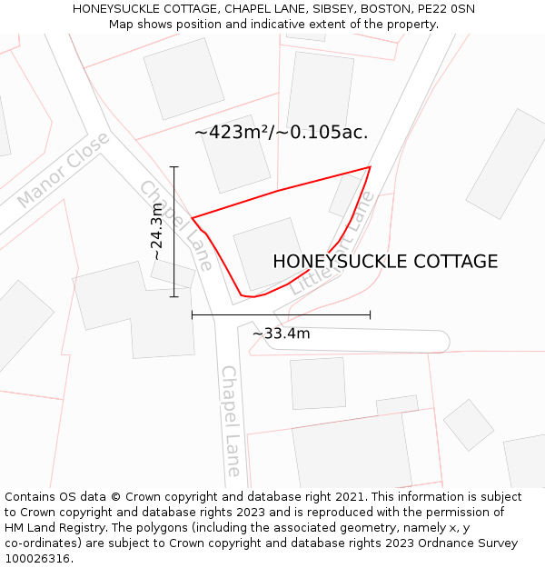 HONEYSUCKLE COTTAGE, CHAPEL LANE, SIBSEY, BOSTON, PE22 0SN: Plot and title map