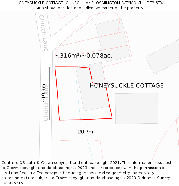 HONEYSUCKLE COTTAGE, CHURCH LANE, OSMINGTON, WEYMOUTH, DT3 6EW: Plot and title map