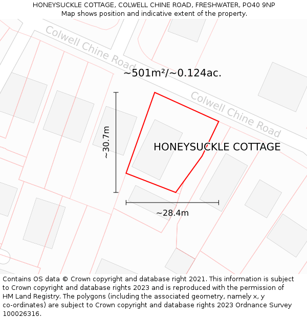 HONEYSUCKLE COTTAGE, COLWELL CHINE ROAD, FRESHWATER, PO40 9NP: Plot and title map