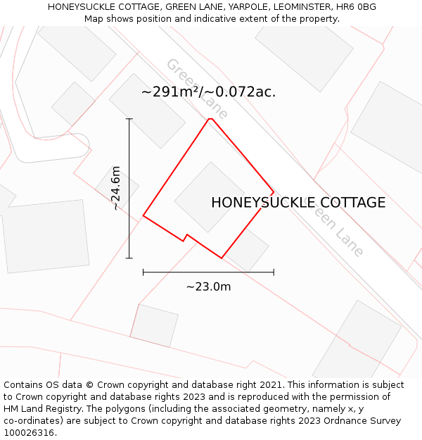 HONEYSUCKLE COTTAGE, GREEN LANE, YARPOLE, LEOMINSTER, HR6 0BG: Plot and title map