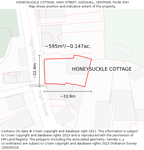 HONEYSUCKLE COTTAGE, HIGH STREET, GODSHILL, VENTNOR, PO38 3HH: Plot and title map