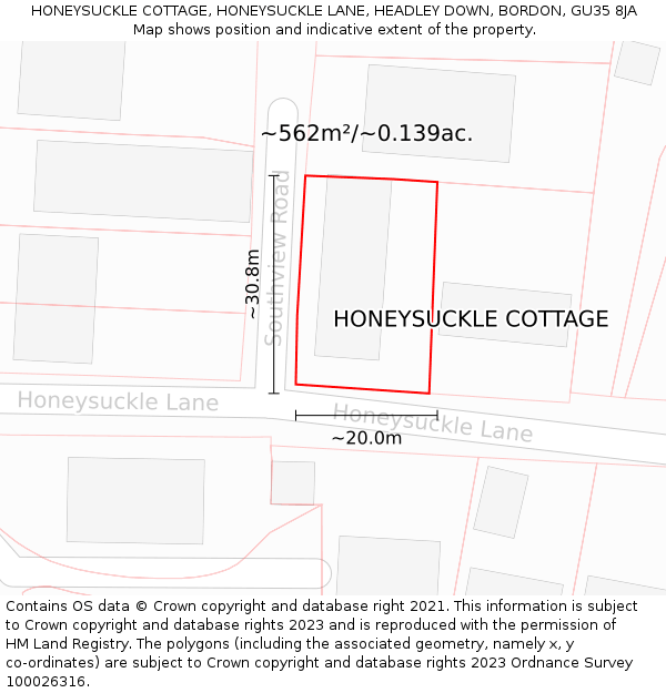 HONEYSUCKLE COTTAGE, HONEYSUCKLE LANE, HEADLEY DOWN, BORDON, GU35 8JA: Plot and title map