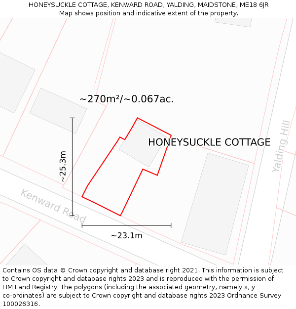 HONEYSUCKLE COTTAGE, KENWARD ROAD, YALDING, MAIDSTONE, ME18 6JR: Plot and title map