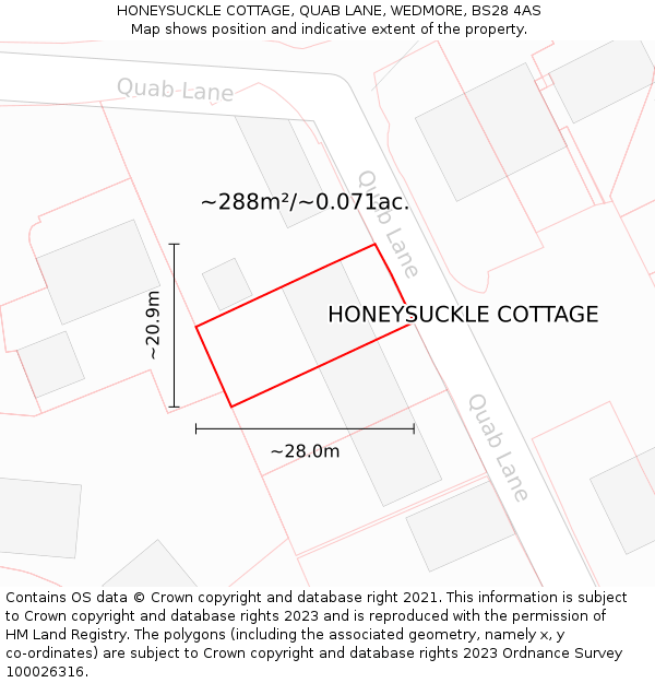 HONEYSUCKLE COTTAGE, QUAB LANE, WEDMORE, BS28 4AS: Plot and title map