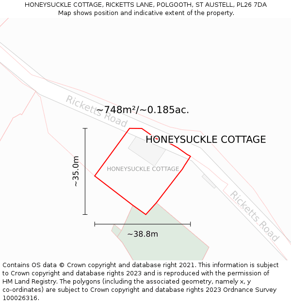 HONEYSUCKLE COTTAGE, RICKETTS LANE, POLGOOTH, ST AUSTELL, PL26 7DA: Plot and title map