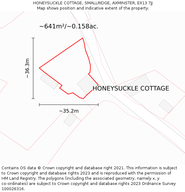 HONEYSUCKLE COTTAGE, SMALLRIDGE, AXMINSTER, EX13 7JJ: Plot and title map