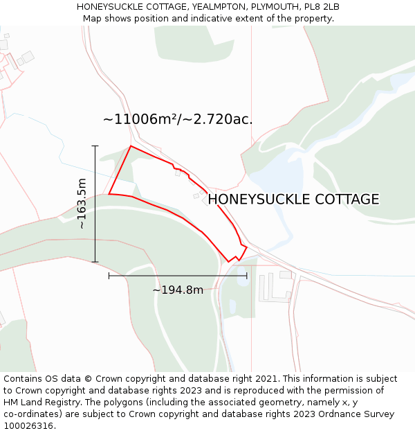 HONEYSUCKLE COTTAGE, YEALMPTON, PLYMOUTH, PL8 2LB: Plot and title map