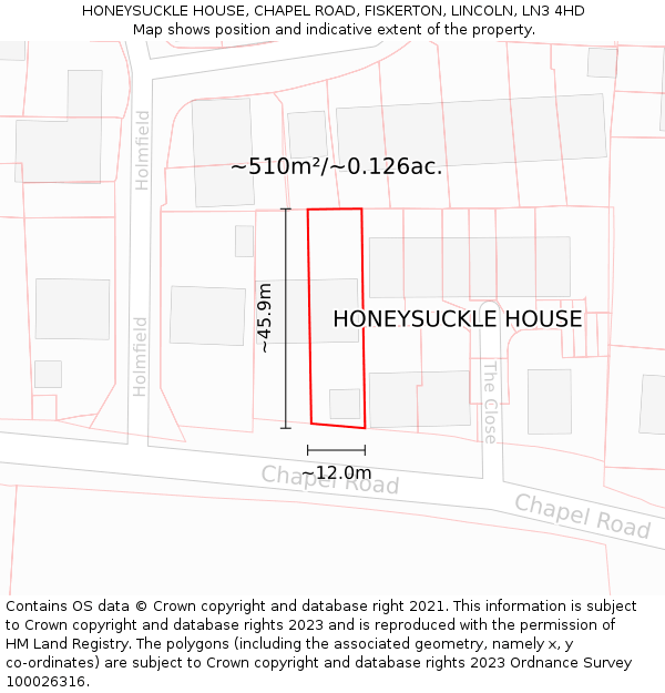 HONEYSUCKLE HOUSE, CHAPEL ROAD, FISKERTON, LINCOLN, LN3 4HD: Plot and title map