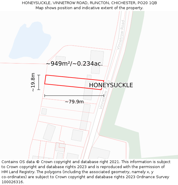 HONEYSUCKLE, VINNETROW ROAD, RUNCTON, CHICHESTER, PO20 1QB: Plot and title map