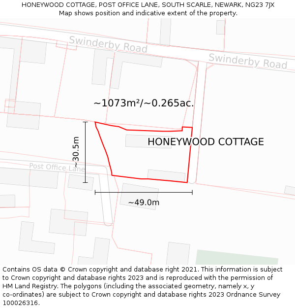 HONEYWOOD COTTAGE, POST OFFICE LANE, SOUTH SCARLE, NEWARK, NG23 7JX: Plot and title map