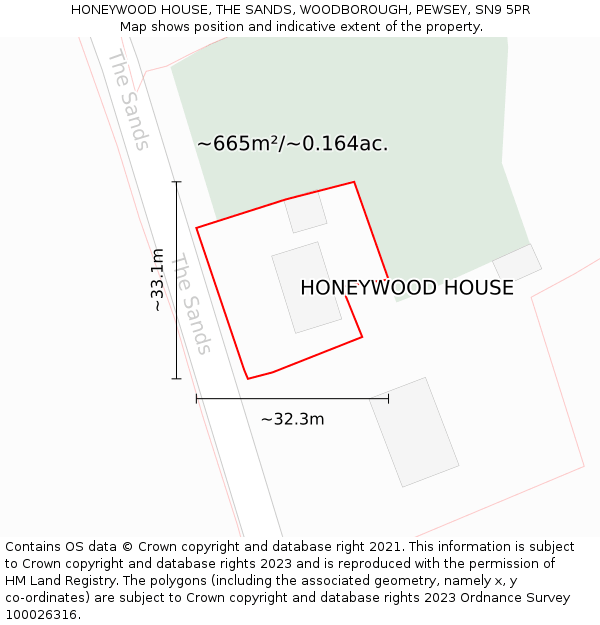 HONEYWOOD HOUSE, THE SANDS, WOODBOROUGH, PEWSEY, SN9 5PR: Plot and title map