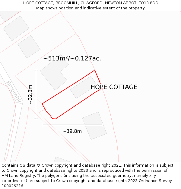 HOPE COTTAGE, BROOMHILL, CHAGFORD, NEWTON ABBOT, TQ13 8DD: Plot and title map