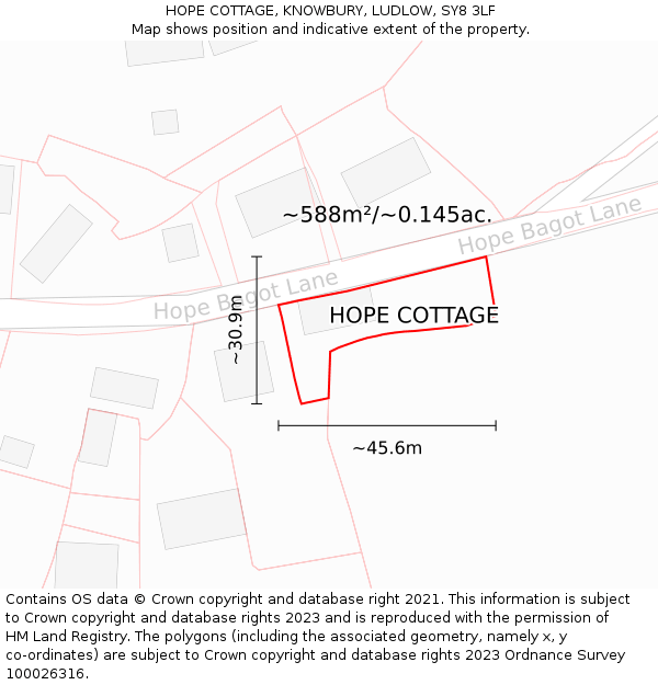 HOPE COTTAGE, KNOWBURY, LUDLOW, SY8 3LF: Plot and title map