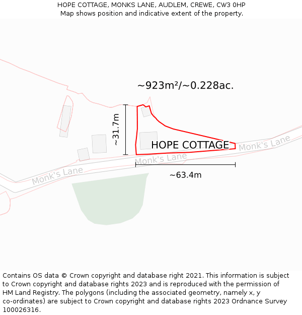 HOPE COTTAGE, MONKS LANE, AUDLEM, CREWE, CW3 0HP: Plot and title map