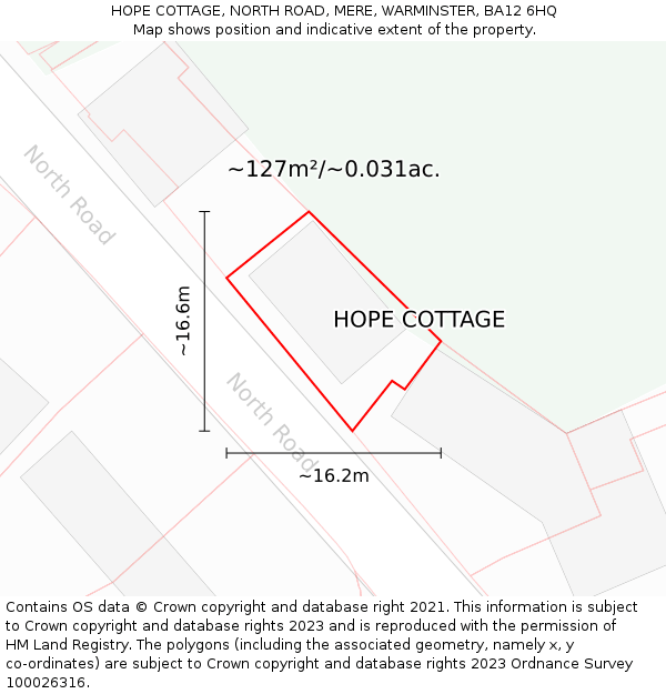 HOPE COTTAGE, NORTH ROAD, MERE, WARMINSTER, BA12 6HQ: Plot and title map