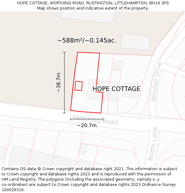 HOPE COTTAGE, WORTHING ROAD, RUSTINGTON, LITTLEHAMPTON, BN16 3PS: Plot and title map